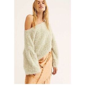 Free People One Delaney Off-Shoulder Fuzzy Cream Metallic Sweater